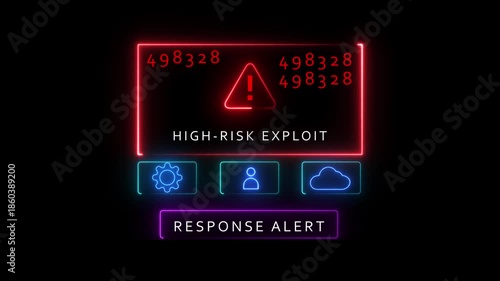 Cybersecurity High- Risk Exploit Alert Screen With Neon Lights And Icons high-risk exploit warning