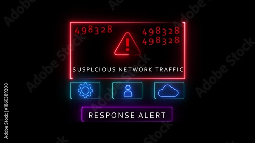 Cybersecurity Suspicious Network Traffic Alert Screen With Neon Graphics warning