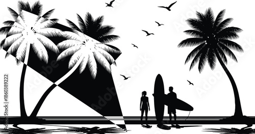 Silhouette of a surfer couple with surfboards on a tropical beach under palm trees with seagulls for summer vacation themes