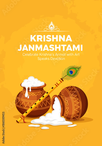 Happy Krishna Janmashtami Greeting Card Illustration with Dahi Handi Pots Flute and Peacock Feather Yellow Background