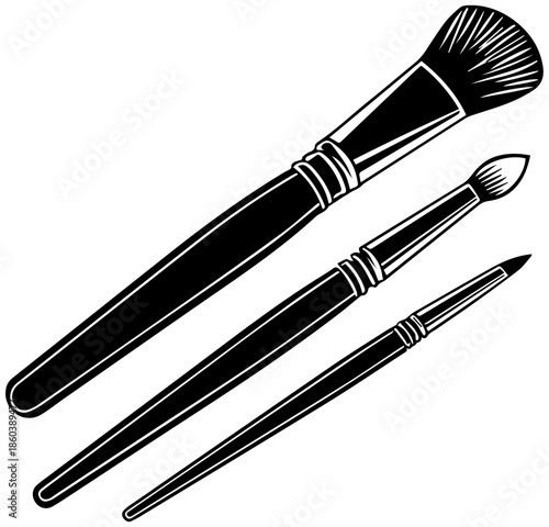 Professional Makeup and Art Paint Brushes Vector Illustration - Set of 3 Black and White Brushes
