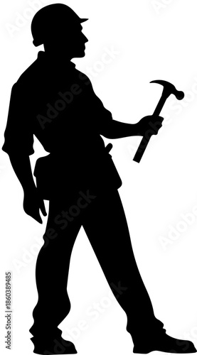 Construction Worker Silhouette with Hammer - Handyman Professional Builder Vector Icon