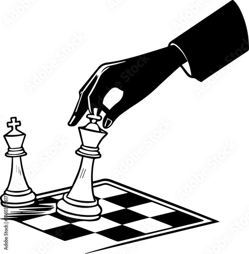 Hand Moving King Piece on Chessboard - Strategic Planning and Business Success Concept