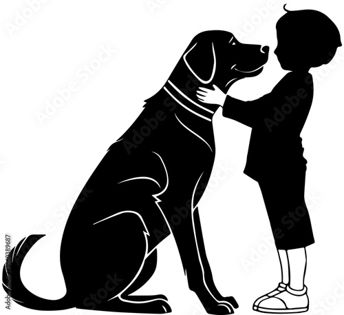 Child Hugging Dog – Black Silhouette Emotional Pet Scene