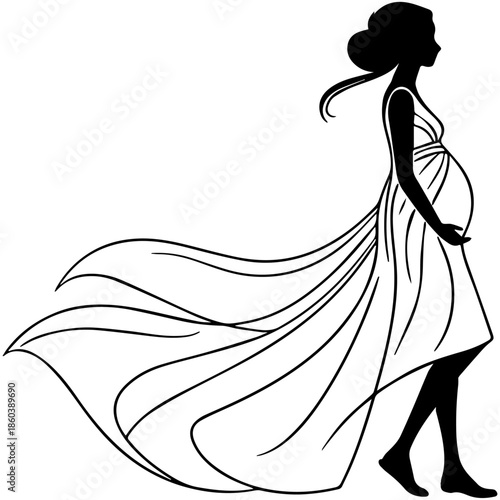 Pregnant Woman in Flowing Dress – Black Silhouette Maternity Art