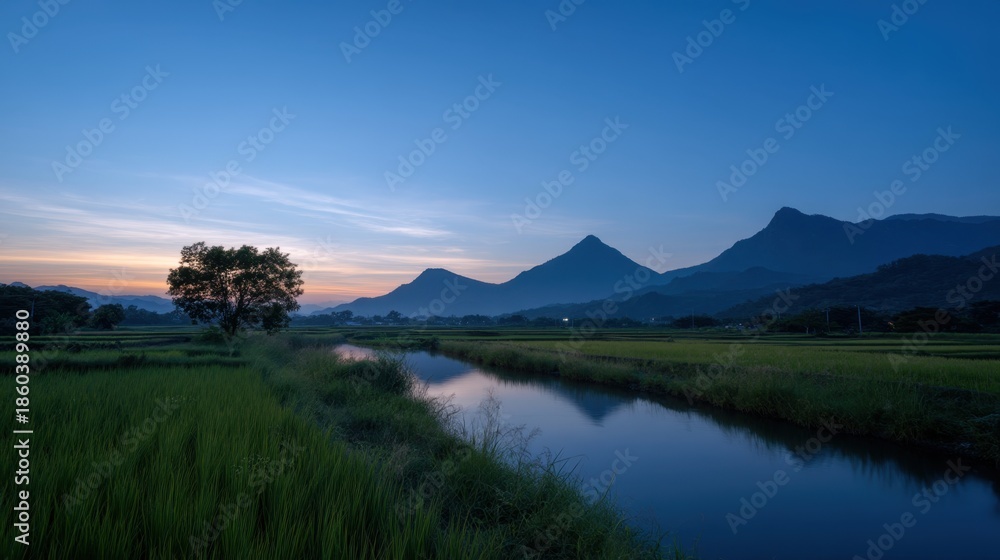 Obraz premium Tranquil Twilight Reflections Over Mountains and Silhouettes in Serene Landscape