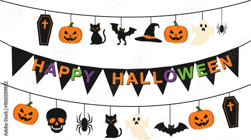 Happy Halloween banner with pumpkins, ghosts, bats, cats, spiders, skulls, and coffins, festive seasonal decoration.