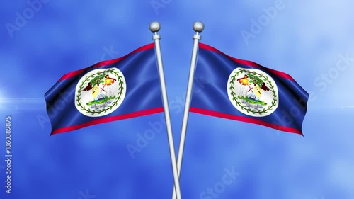 Belize Crossed Flags Waving in Blue Sky Loop Animation | Realistic 3D National Flag Background