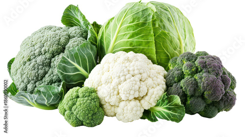 Cabbage kale Cauliflower and collard greens three leafy winter crops together on transparent background