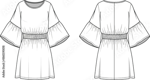 Women dress technical flat sketch, front and back view, bell sleeves, elastic waist, vector fashion illustration design
