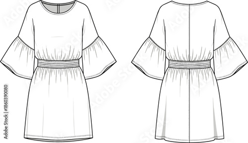 Women dress technical flat sketch, front and back view, flared sleeves, elastic waist, vector fashion illustration design