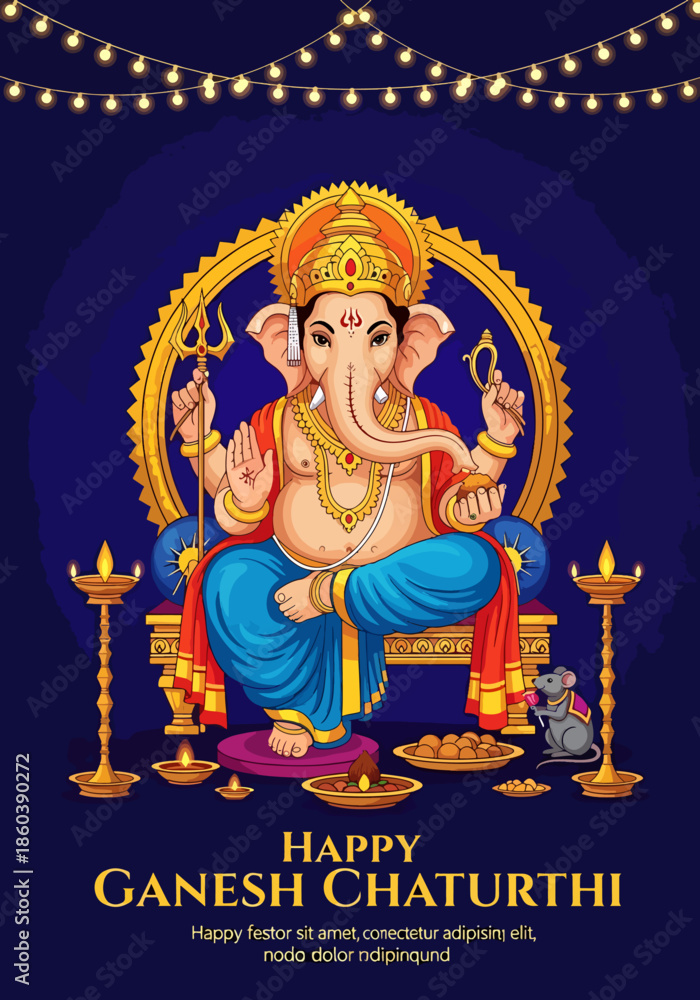 Obraz premium Happy Ganesh Chaturthi Celebration Lord Ganesha seated on his throne with offerings and lights a divine Hindu festival
