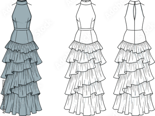 Women halter neck tiered ruffle maxi dress technical flat sketch, front and back views, elegant vector fashion illustration