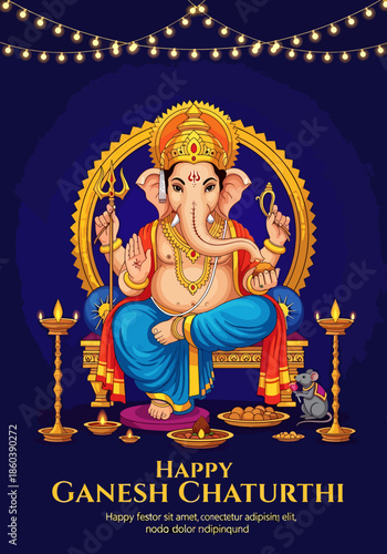Happy Ganesh Chaturthi Celebration Lord Ganesha seated on his throne with offerings and lights a divine Hindu festival
