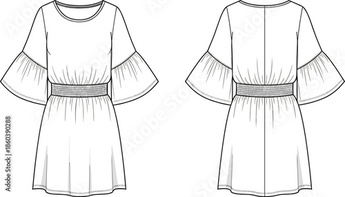 Women fashion dress technical flat sketch, front and back view, flared sleeves, elastic waist, vector illustration, apparel design