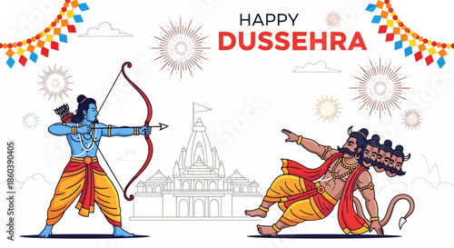 Happy Dussehra Illustration Depicting Lord Rama Aiming His Bow at Ravana a Symbol of Victory of Good