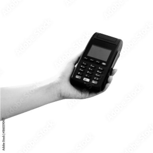 Hand holding payment terminal in halftone style. Black and white retro illustration of portable card reader. Contactless payment, fintech, retail transaction concept isolated on white background.