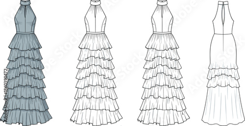 Women halter neck tiered ruffle maxi dress technical flat sketch, multiple views, elegant evening wear, vector fashion illustration