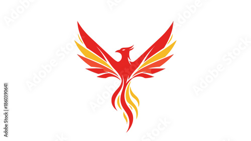 Majestic Red and Yellow Phoenix Bird Flying, Mythical Fire Creature Logo on Isolated White Background