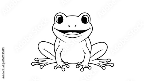 Cute happy cartoon frog sitting and smiling, presented in a simple outline line art style on an isolated white background.