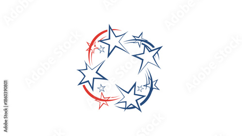 Abstract circular pattern of red and blue stars symbolizing patriotism and celebration on isolated white background.