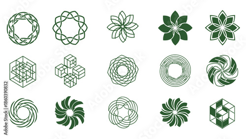 Collection of abstract green geometric and organic patterns for logos and design elements on isolated white background.