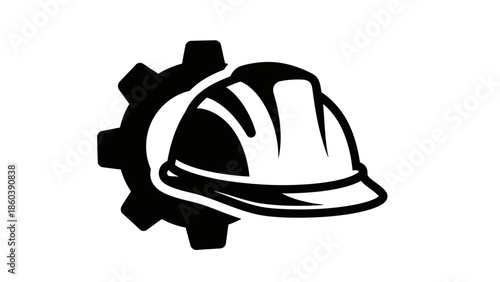 Black hard hat and gear icon symbolizing construction and industrial safety on isolated white background.