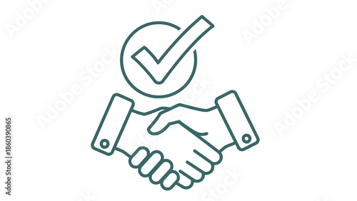 Business handshake with checkmark icon symbolizing agreement and success on isolated white background.
