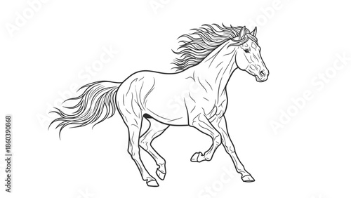 Majestic horse running in line art style on isolated white background.