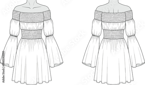 Women off shoulder midi dress technical flat sketch, flared sleeves, fitted waist, front and back view, vector illustration