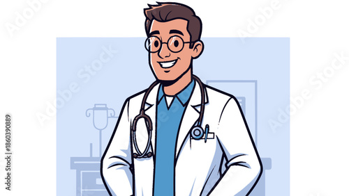 Friendly Smiling Male Doctor Wearing Glasses and Stethoscope in a Bright Clinic Office Background
