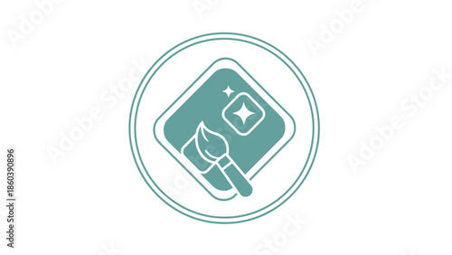 Paint Brush and Sparkle Icon in a Square Frame, Representing Creativity or Cleaning on Isolated White Background