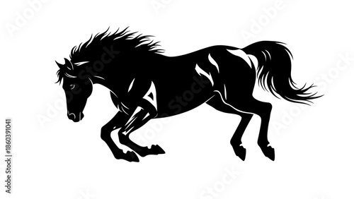 Powerful black horse galloping with speed and energy on isolated white background