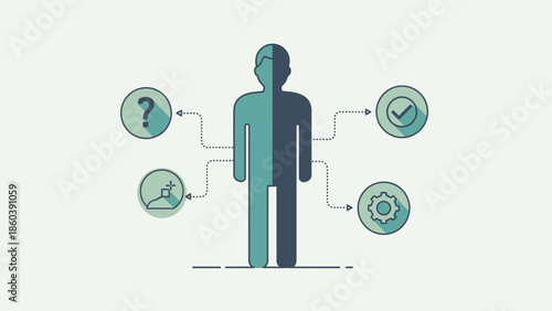 Human Silhouette Thinking with Business Icons and Question Marks on a Light Green Pastel Background