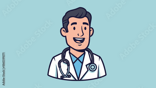 Friendly male doctor smiling and standing with stethoscope on light blue background