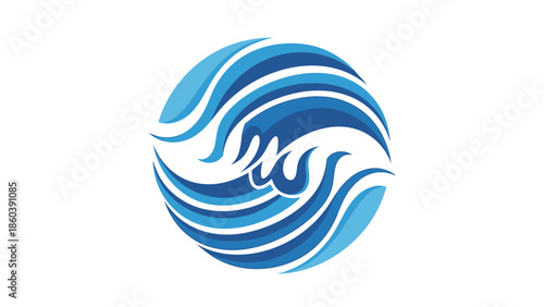 Abstract Blue Water Waves Circular Logo Design on an Isolated White Background