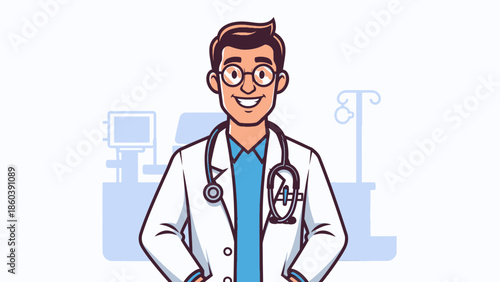 Smiling male doctor with eyeglasses and stethoscope in a bright medical room background