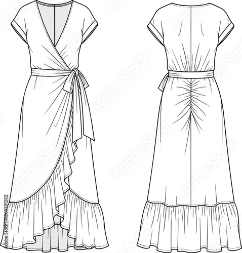 Women short sleeve wrap midi dress technical flat sketch, ruched back detail, ruffle hem, front and back views