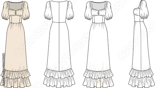 Women puff sleeve maxi dress technical flat sketch, fitted bodice, ruffle hem detail, multiple views, elegant vector illustration
