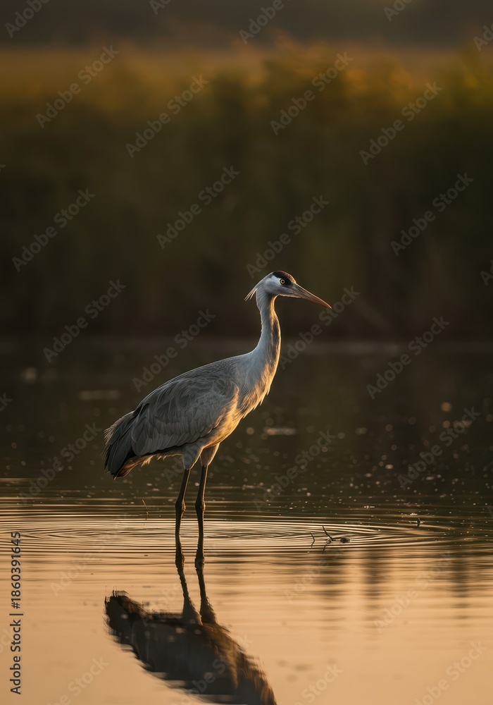 Fototapeta premium A majestic and elegant wading bird, a long-legged crane, stands perfectly still in the shallow marsh habitat during golden hour light, wading bird, sky, wildfowl