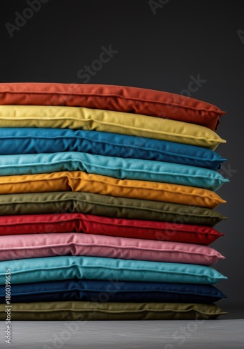 Wallpaper Mural A large, colorful stack of plush fabric cushions arranged neatly on a smooth surface, highlighting softness and domestic comfort, relaxation, texture, surface Torontodigital.ca