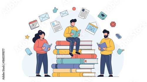 Group of People Reading Books with Educational Items and Documents