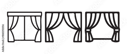 Window Curtain Styles Line Icons Set. Drapes, Drapery, Valance, Swag, Roman Blinds.