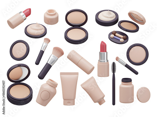 assorted makeup products and tools on white