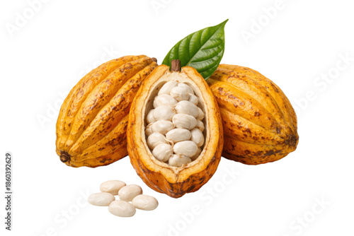Fotografie Fresh cacao pod cut open to reveal white cocoa beans, accompanied by a whole rip