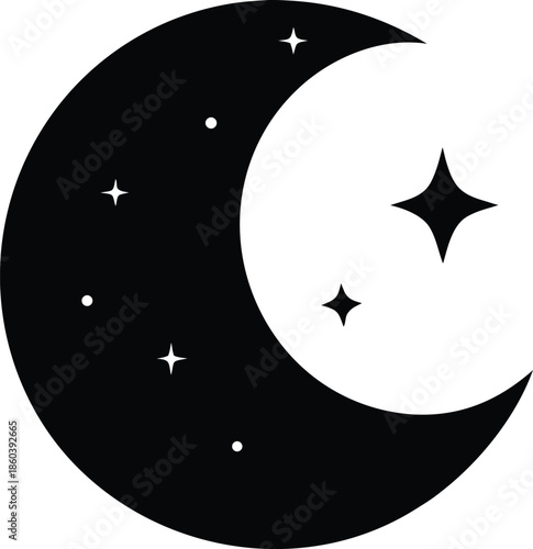 Black crescent moon with heart and stars icon vector illustration