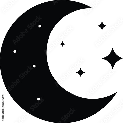 Black crescent moon with heart and stars icon vector illustration