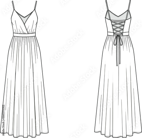 Women spaghetti strap wrap maxi dress flat sketch, lace up back detail, front and back views, vector illustration
