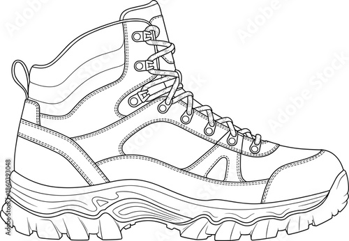 Technical line art illustration of a heavy duty hiking boot with rugged sole and laces for outdoor adventure and safety