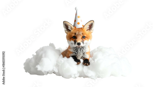 A cute fox cub wearing a party hat, sitting on fluffy white clouds against a black backdrop